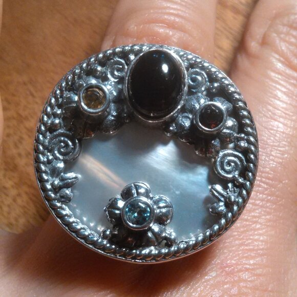 Shungite Multi Gemstone Mother of Pearl Sterling Silver Cocktail Ring (Size 7) - Picture 3 of 16